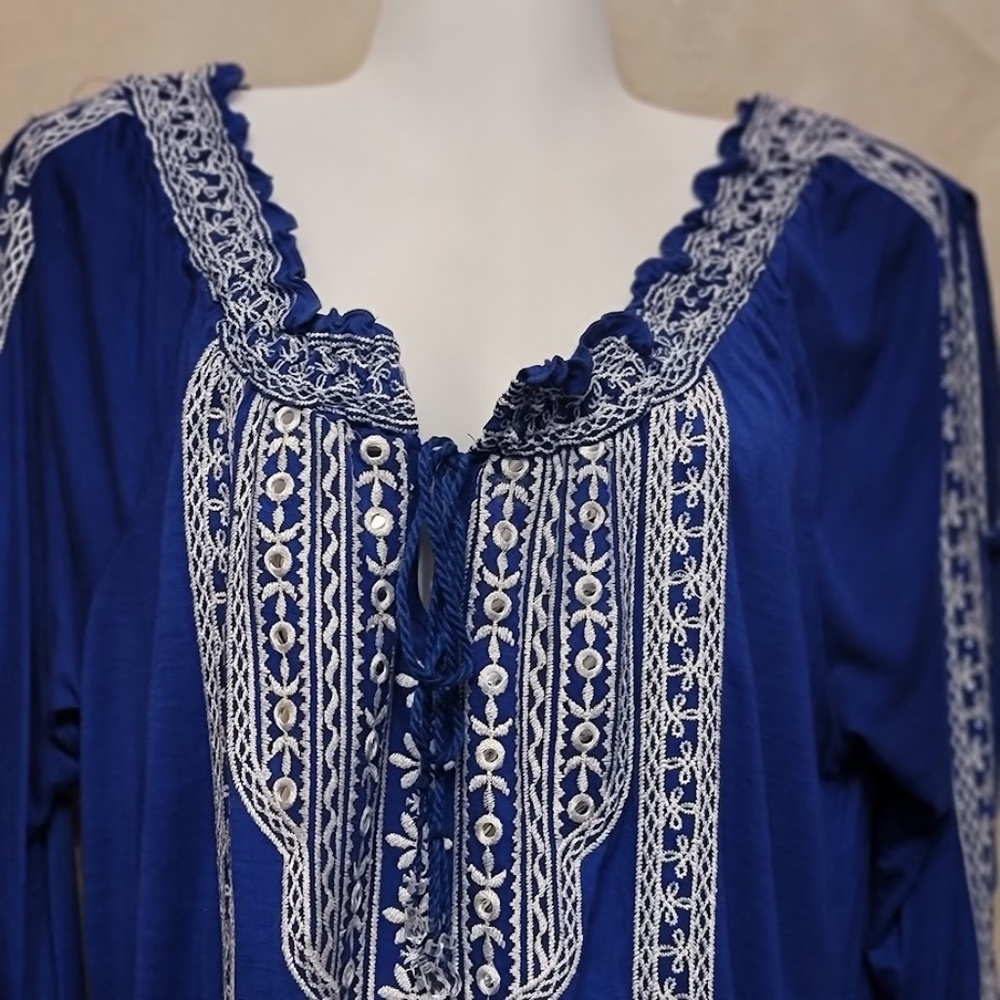 INC Blue Embroidered Cold-Shoulder Top with Open Bell Sleeves - Sz. XL - Picture 2 of 10